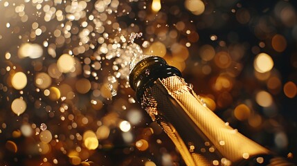A close-up shot of a champagne bottle being uncorked, with a shower of golden confetti and bubbles filling the air, celebrating a major business milestone