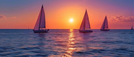Fototapeta premium A sunset over the ocean with sailboats in the distance, capturing serenity and travel
