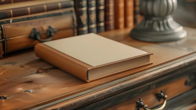 A deluxe hardcover journal with a blank cover is elegantly displayed on a vintage writing desk. Concept Stationery Display, Vintage Aesthetic, Journal Photography, Writing Desk Setup