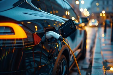 Naklejka premium A closeup of an electric car charging at the station, showcasing modern technology and ecofriendly energy use in urban environments.