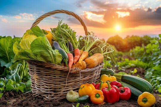 Basket of assorted fresh vegetables placed in field during sunset