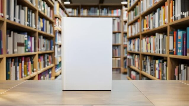 D rendering of an empty white book on a bookshelf in a store or library. Concept 3D Rendering, Empty Book, Bookshelf, Store, Library