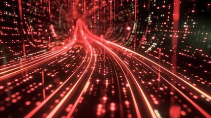 Abstract Digital Tunnel of Red Glowing Lines