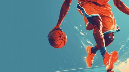 Illustrate a side view of a basketball player dribbling close-up Emphasize copy space, vibrant colors, and dynamic movement