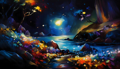Obraz premium Color natural minerals splashing point, abstract dark black background on digital art concept.