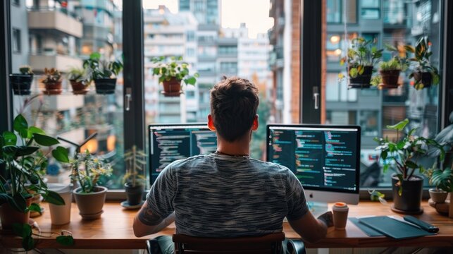 A man is sitting at a desk with two computer monitors and a laptop