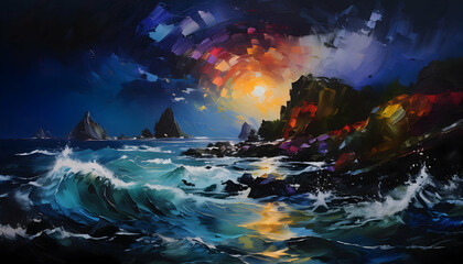 Color natural minerals splashing point, abstract dark black background on digital art concept.