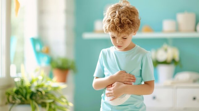 Child with a stomach ache holding their belly, Abdominal pain, Showing the pain and discomfort of a stomach ache in children
