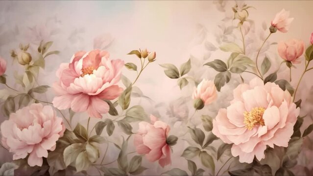 Watercolor floral pattern featuring peonies and leaves in soft colors on a vintage background. Concept Floral Pattern, Watercolor Art, Peonies, Leaves, Vintage Background