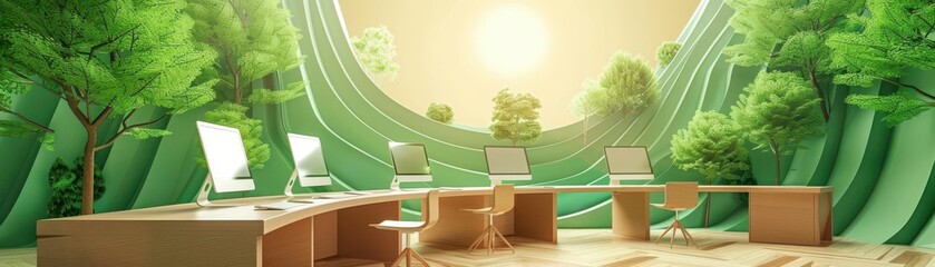 Modern eco-friendly office with wooden desks, chairs, and computers, surrounded by lush greenery and trees, with sunlight streaming in.