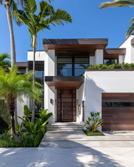 Fototapeta premium This image depicts a luxury contemporary home featuring a sleek white facade, wooden garage door, and an array of palm trees. The modern architecture is emphasized by clean lines.