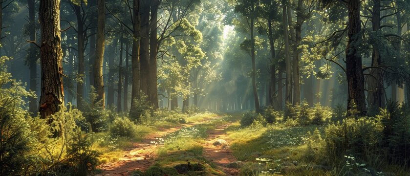 A tranquil forest path with tall trees and dappled sunlight, inviting a peaceful walk through nature