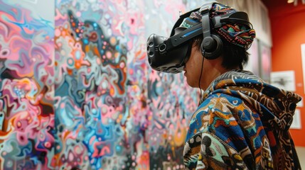 Obraz premium An artist creates a virtual painting using VR tools in a digital studio. The VR environment allows for 3D artwork and detailed work, offering new creative possibilities. The artist is focused and