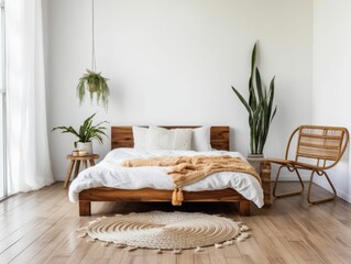 A minimalist bedroom with a bohemian flair. The space includes a low bed with white sheets, a macrame wall hanging, a woven jute rug, and a single rattan chair. The room has white walls and wooden flo