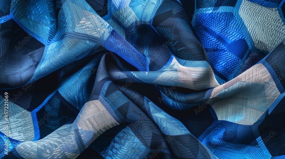Aufkleber a geometric print scarf with overlapping hexagons and octagons in various shades of blue.