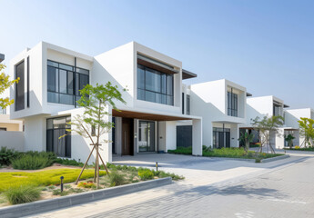 Modern contemporary small group of villas in dubai, all white with black windows and wood accents. Created with Ai
