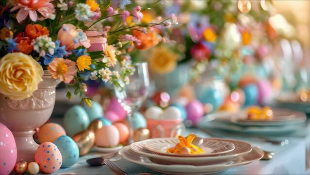 Table setting for Easter brunch with paste. Concept Easter Brunch, Table Setting, Floral Decor, Pastel Colors, Festive Atmosphere