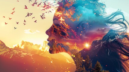 Double exposure of a landscape and a silhouette of a person's profile.
