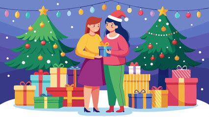 vector-lesbian-couple-standing-near-christmas-tree