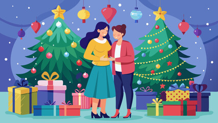 vector-lesbian-couple-standing-near-christmas-tree