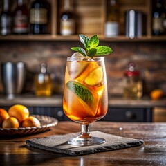 Refreshing cocktail with citrus, ice and mint on the table