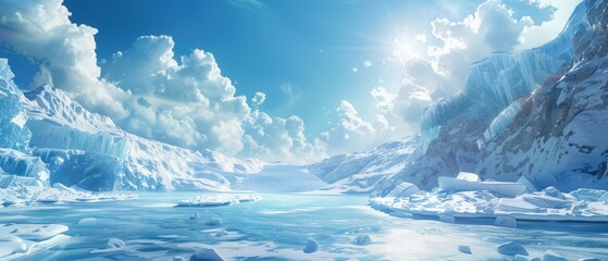 Fototapeta premium A vast, icy landscape with glaciers and a bright blue sky, in
