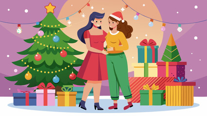vector-lesbian-couple-standing-near-christmas-tree