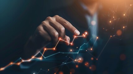 A businessman pointing to a graph with an arrow, a corporate plan for future growth. The concept of business development.