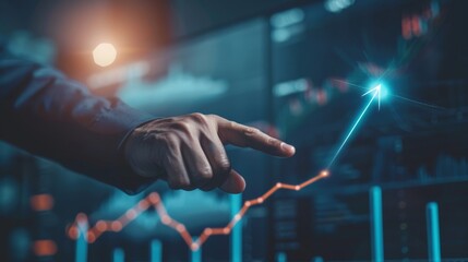 A businessman pointing to a graph with an arrow, a corporate plan for future growth. The concept of business development.