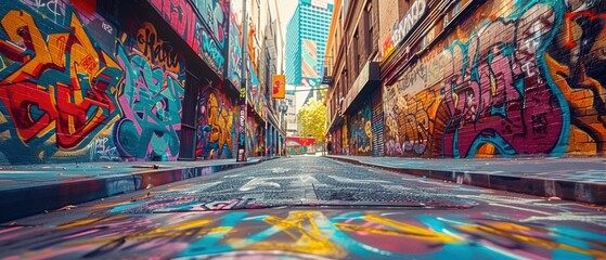 Fototapeta premium A vibrant urban street with graffiti and colorful murals