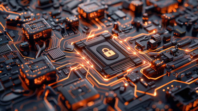 padlock lies on the microcircuit, cybersecurity idea