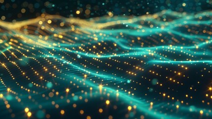 Abstract digital wave with glowing golden lights and bokeh effect. Dynamic, futuristic design in teal and gold colors, perfect for technology themes