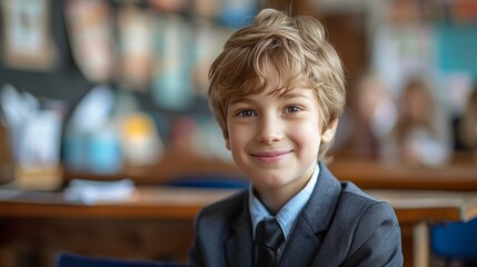 Fototapeta premium portrait of a Caucasian smiling schoolboy 10 years old in a school uniform sitting at a desk at school and looking at the camera