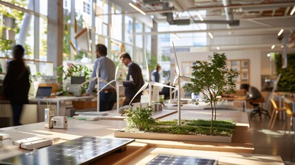 An innovative workspace featuring solar-powered desks and wind turbine models where employees collaborate on green energy projects to promote environmental responsibility
