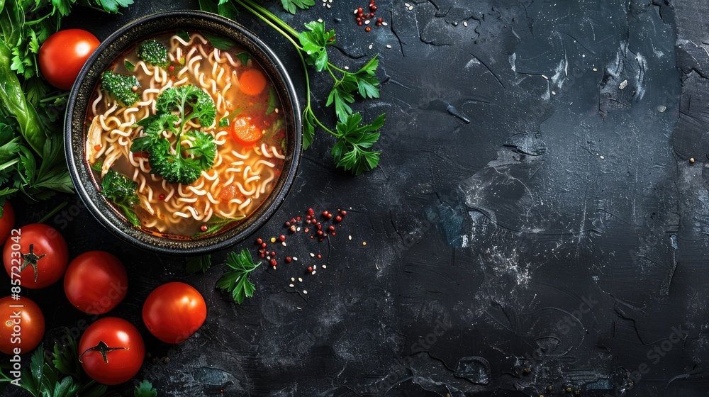 Poster overhead view of bowl with chicken noodle soup and vegetables empty space for text