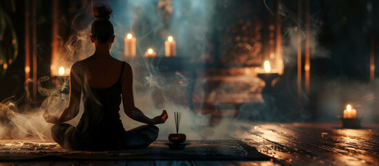 Fototapeta premium a woman meditates in a dark room