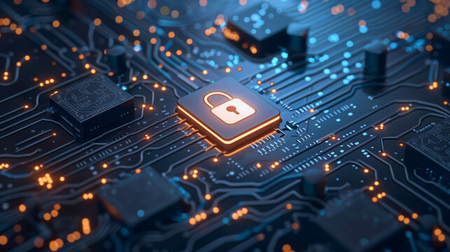 padlock lies on the blue microcircuit, cybersecurity idea - Powered by Adobe
