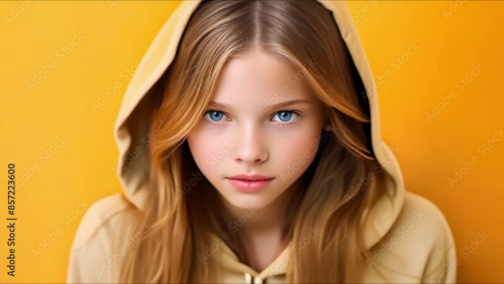 Wall mural Young girl in white hoodie posing in front of yellow wall. Concept Fashion, White Hoodie, Yellow Wall, Young Girl, Pose