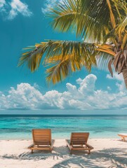 Obraz premium Two people relaxing on beach with palm tree shade, suitable for summer vibes and leisure activities