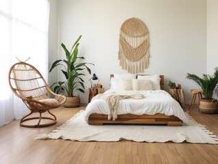 A minimalist bedroom with a bohemian flair. The space includes a low bed with white sheets, a macrame wall hanging, a woven jute rug, and a single rattan chair. The room has white walls and wooden flo