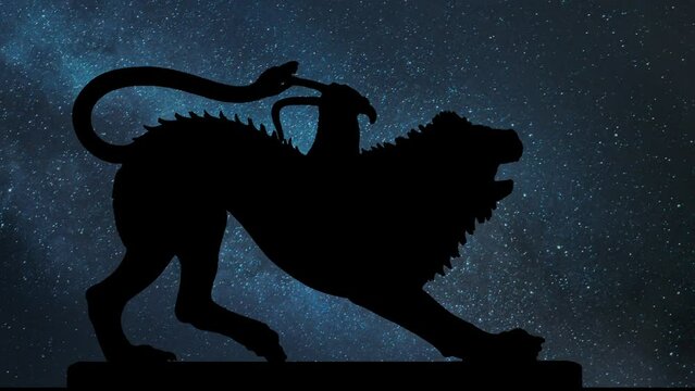 The Chimera, ancient Etruscan artwork, Time Lapse by Night with Stars and Milky Way in Background