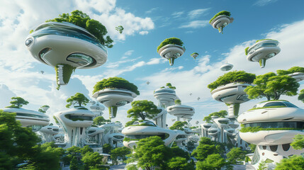 Green Modular City in the Sky, Futuristic Floating Buildings. High-Tech Fantasy Landscape, Dream Technology, Community. Eco Zero Footprint Urban Planning. Ocean Rise, Climate Change, Global Warming