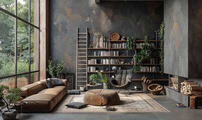 Industrial living room with a blank ladder shelf
