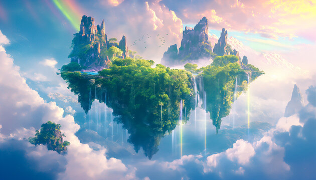 Fantasy scene world with floating islands, waterfalls and rainbows in the sky. A green island surrounded by misty clouds