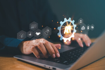 AI help analysis business concept. Artificial intelligence technology assistance in futuristic daily life, customer service. Businessman use Smartphone AI application. Modern technology to help work.