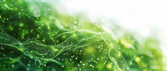 Abstract green technology landscape, glowing data nodes and circuits, white background, copy space