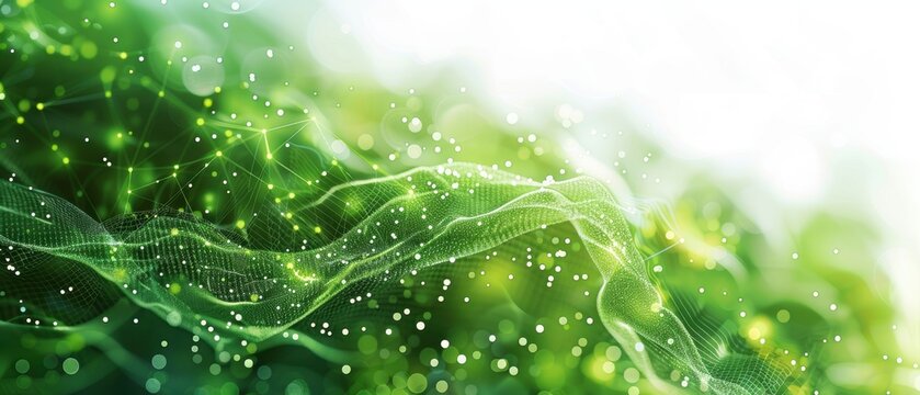 Abstract green technology landscape, glowing data nodes and circuits, white background, copy space
