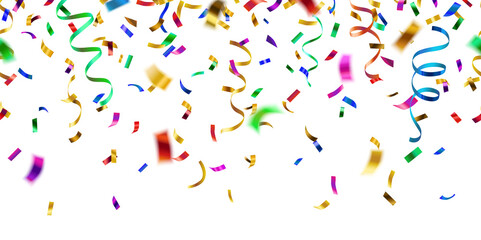Naklejka premium Realistic colorful flying confetti streamers seamless pattern, celebration, party, decorative elements on transparent background