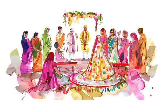 Indian wedding musical ceremony, bride-groom and people, watercolor vector illustration