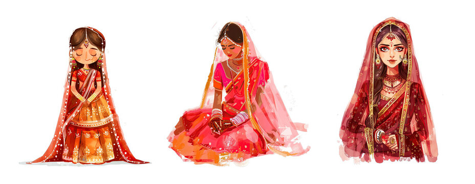 Indian wedding bride, vector watercolor illustration, white background